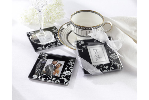Black White Floral Glass Photo Coaster Favor Set